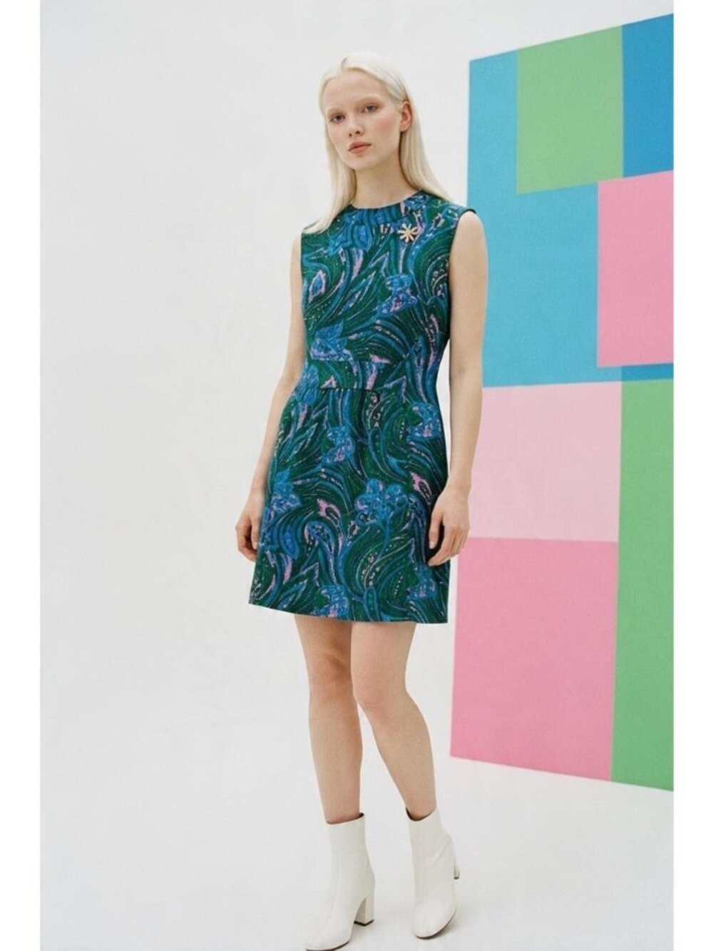 Vintage 60s 70s Mod Paisley Sleeveless Mock Neck A-Line Dress Green Blue Size 9